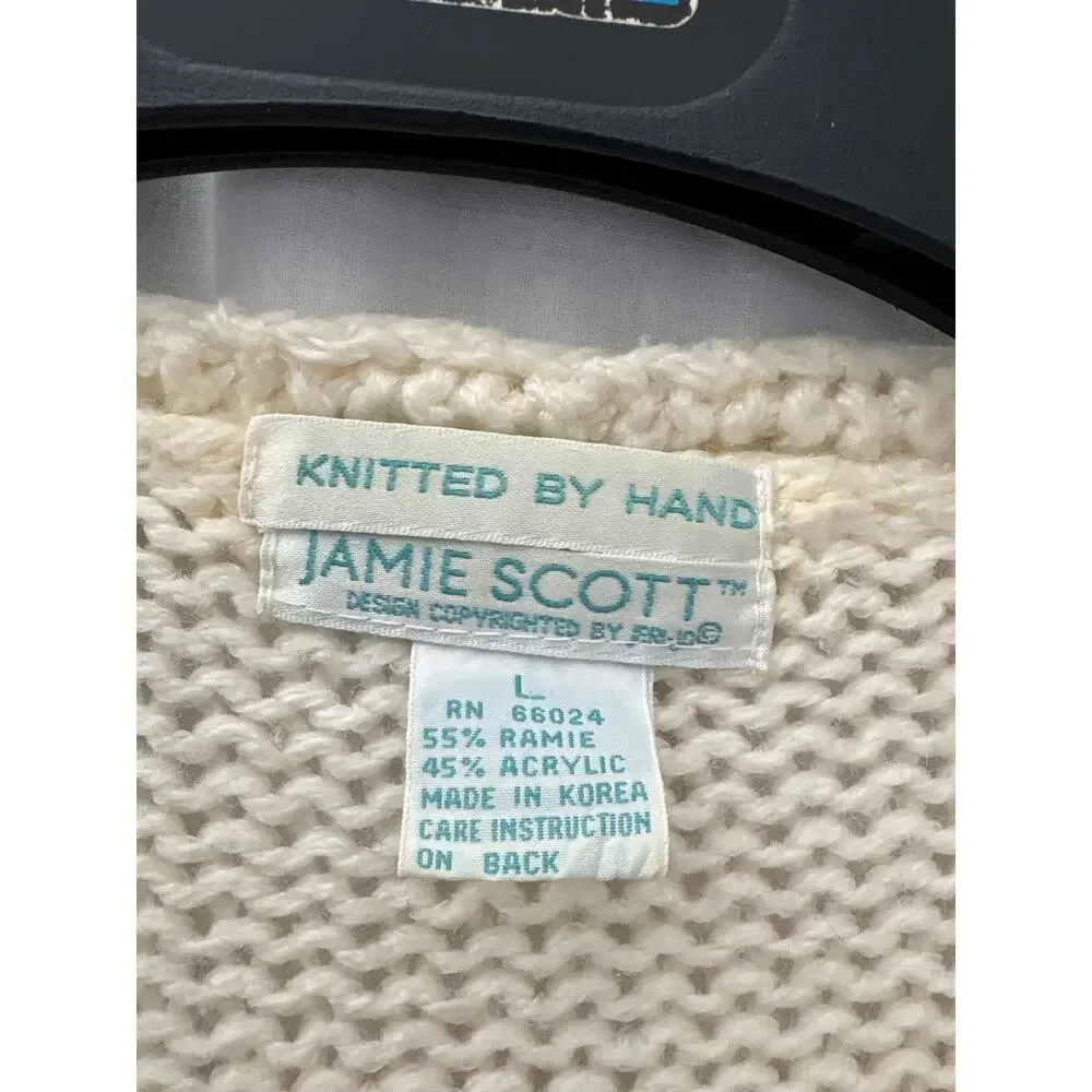 Jamie Scott Vintage Hand Knit Sweater Floral Cream Pullover Large 90s - Picture 2 of 5